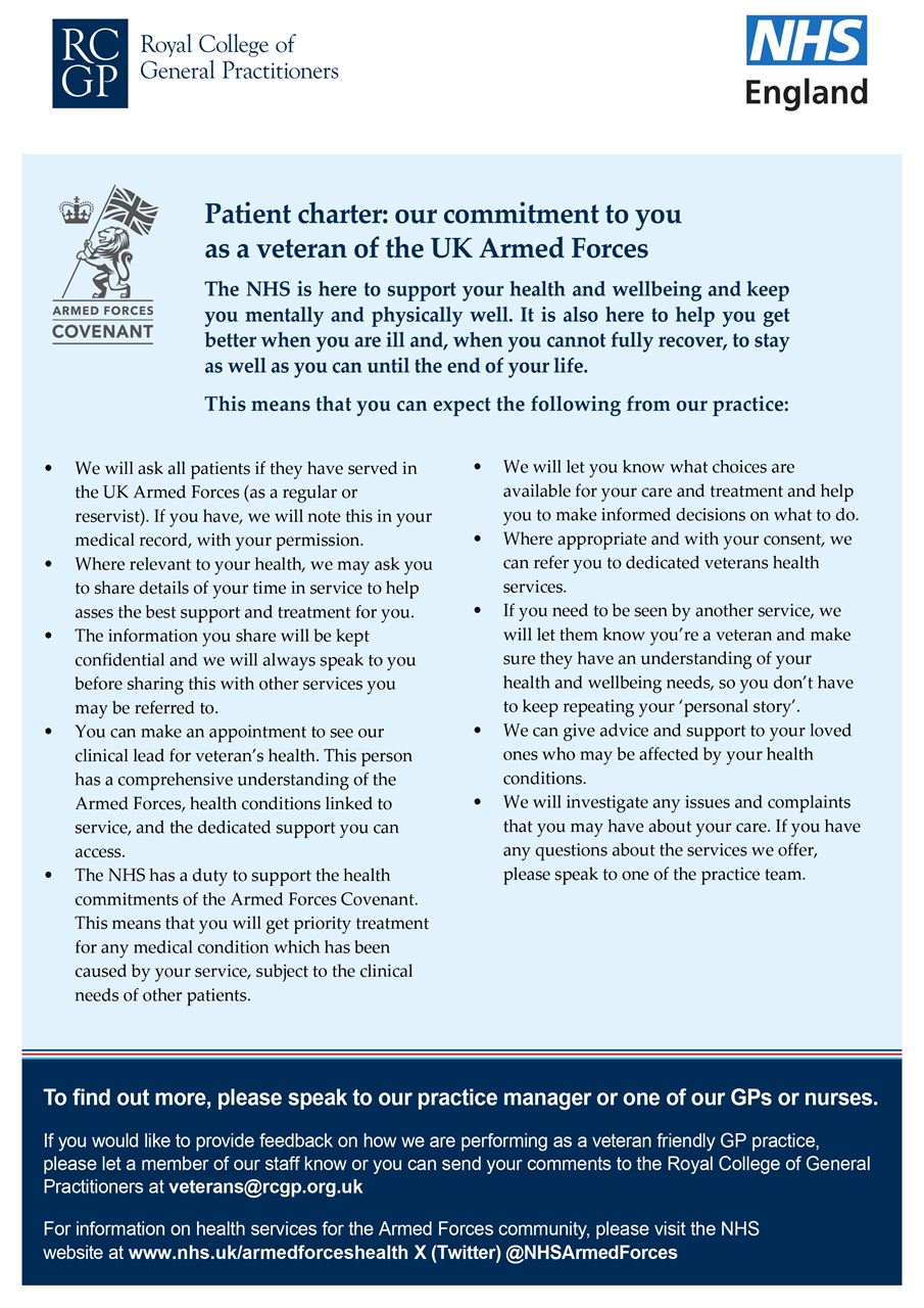 Patient charter from the Royal College of General Practitioners & NHS England for patients who are identified as veterans of UK Armed Forces